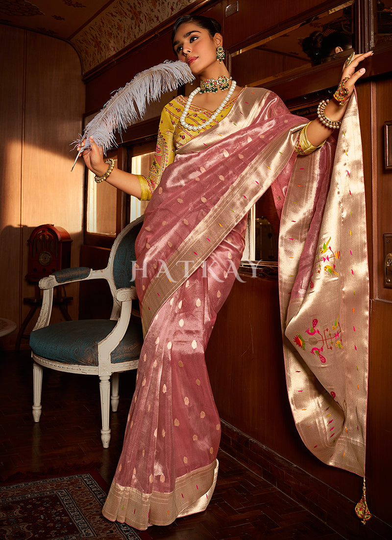 Rose Pink And Yellow Paithani Silk Saree