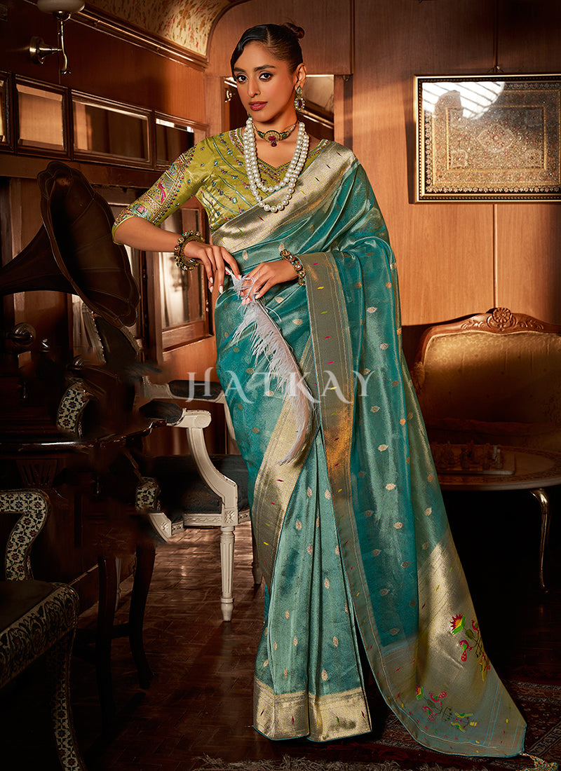 Sky Blue And Green Paithani Silk Saree