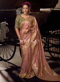 Pink And Green Handwork Tissue Silk Saree