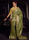 Green And Yellow Handwork Tissue Silk Saree