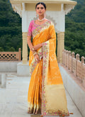 Golden Yellow And Pink Floral Embroidery Saree