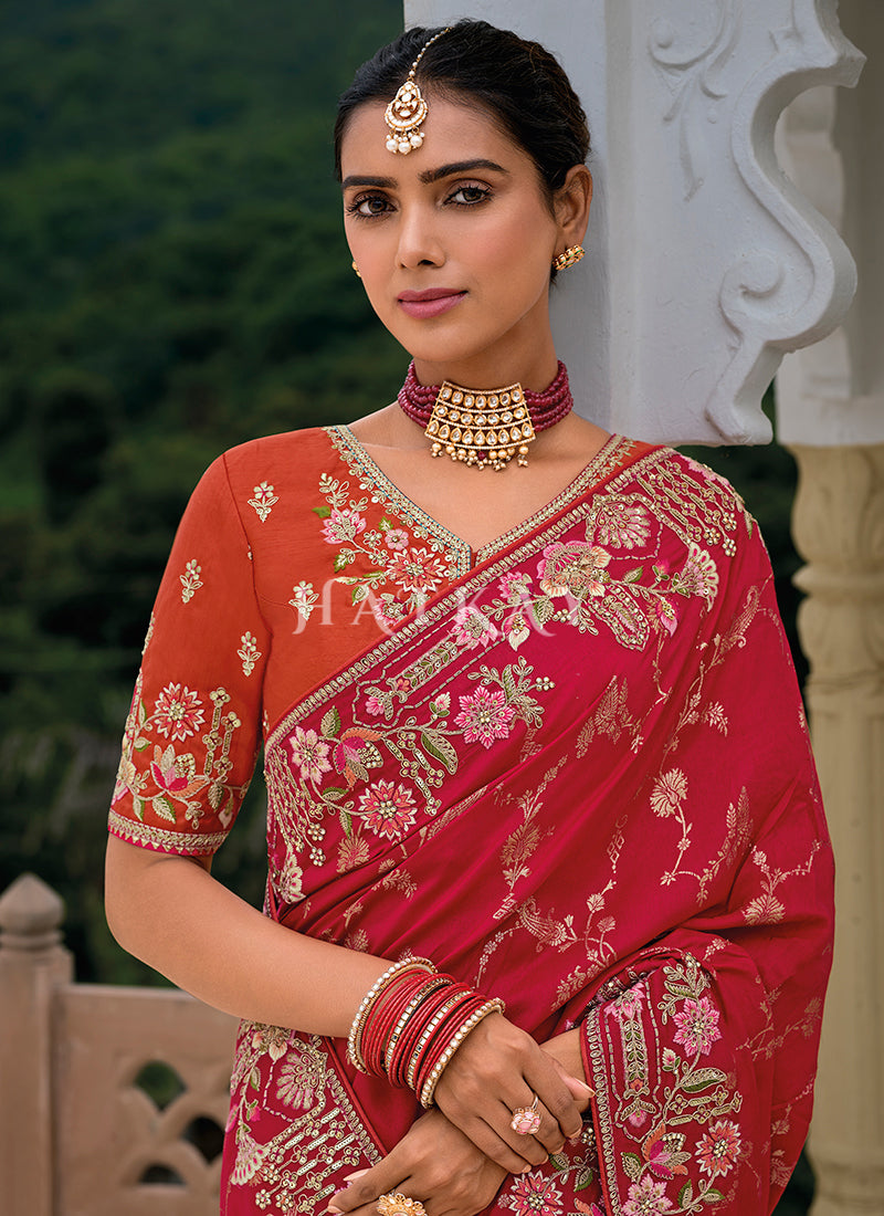 Bridal Red And Orange Floral Embroidery Saree