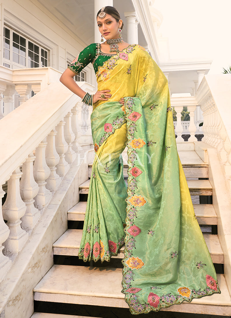 Green And Yellow Multi Embroidery Saree