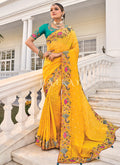 Yellow And Teal Multi Embroidery Saree