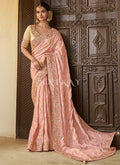 Pink Golden Multi Embroidery Tissue Silk Saree