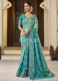 Teal Blue Multi Embroidery Tissue Silk Saree