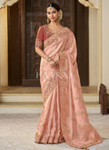 Peach Multi Embroidery Tissue Silk Saree