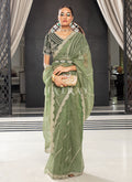 Olive Green Embroidered Organza Saree