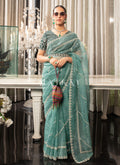 Aqua Blue Embroidered Organza Saree