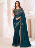 Deep Turquoise Embroidery Silk Saree