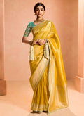 Yellow And Turquoise Embroidery Saree