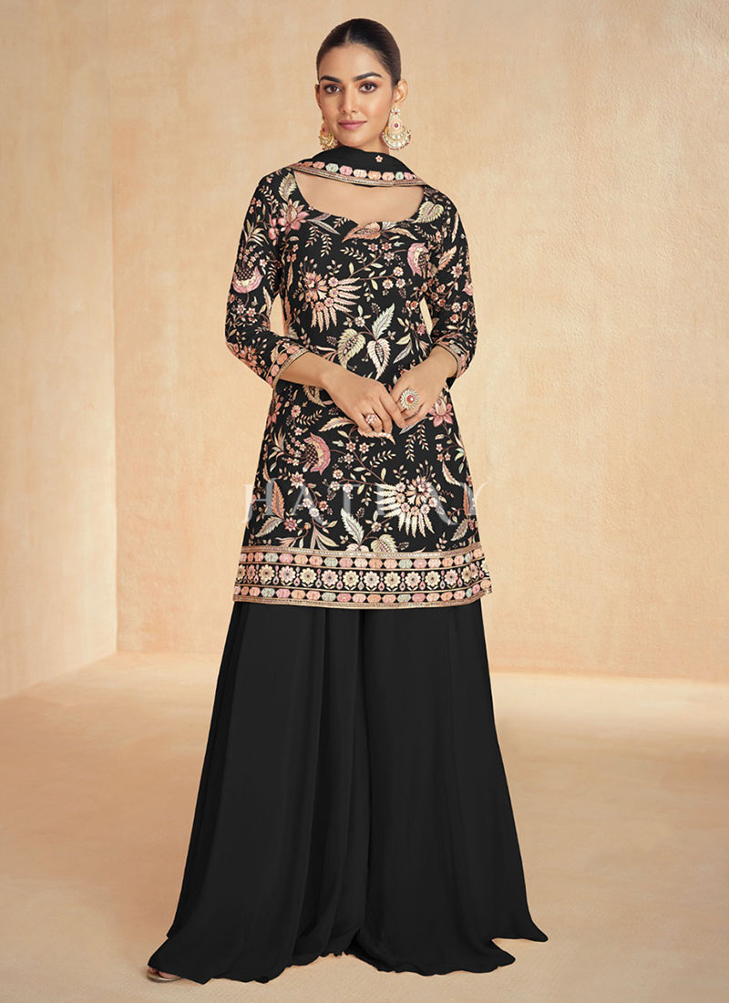 Black Multi Embroidery Sharara Suit