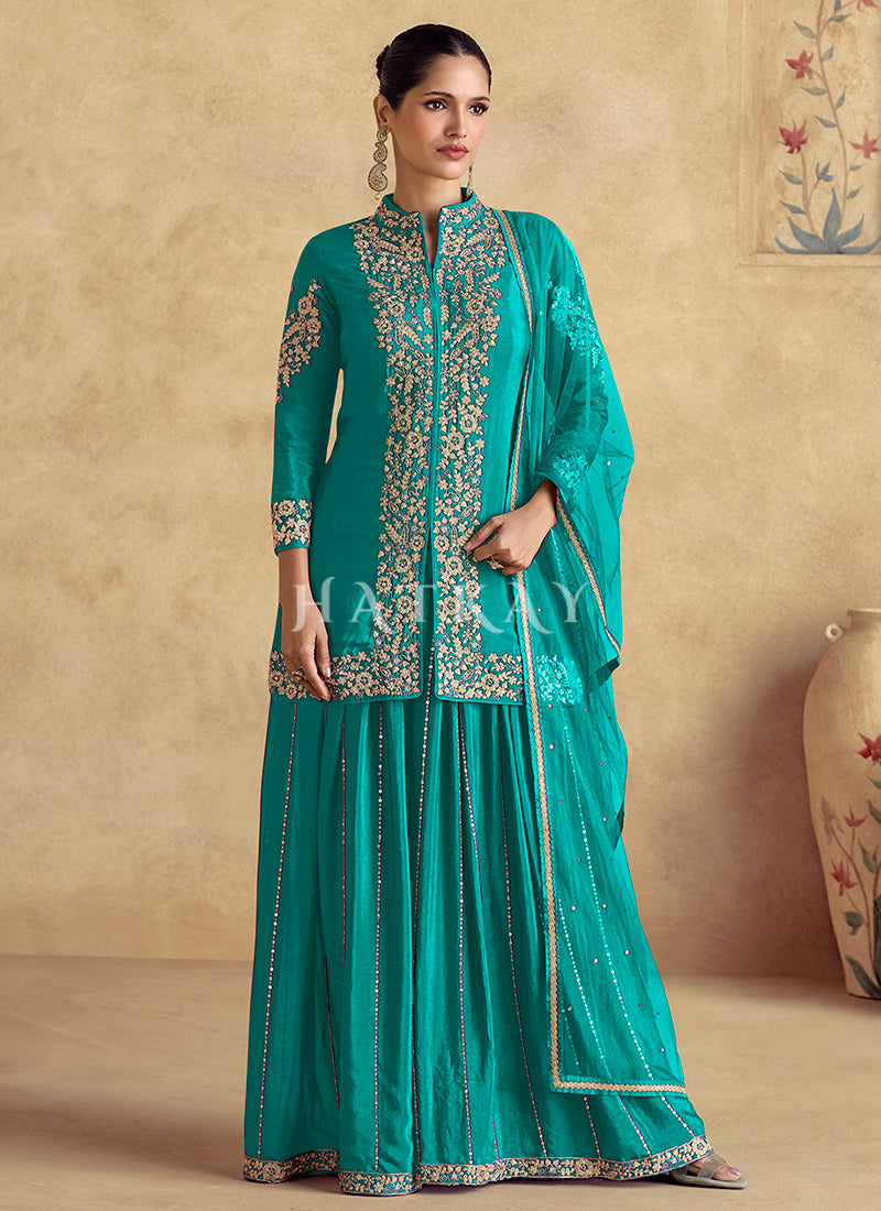 Teal Blue Threadwork Embroidery Sharara Style Suit