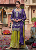 Purple And Lime Embroidery Sharara Style Suit