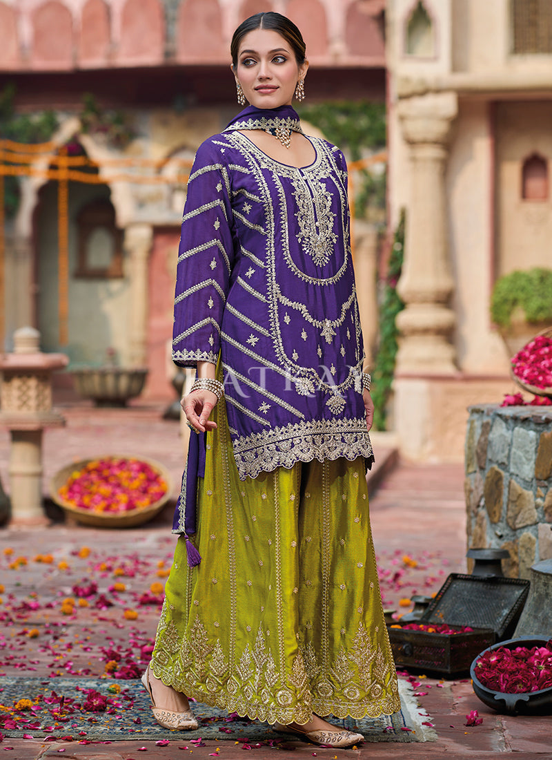 Purple And Lime Embroidery Sharara Style Suit