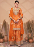 Orange Mirror Embroidery Bandhani Printed Sharara Suit