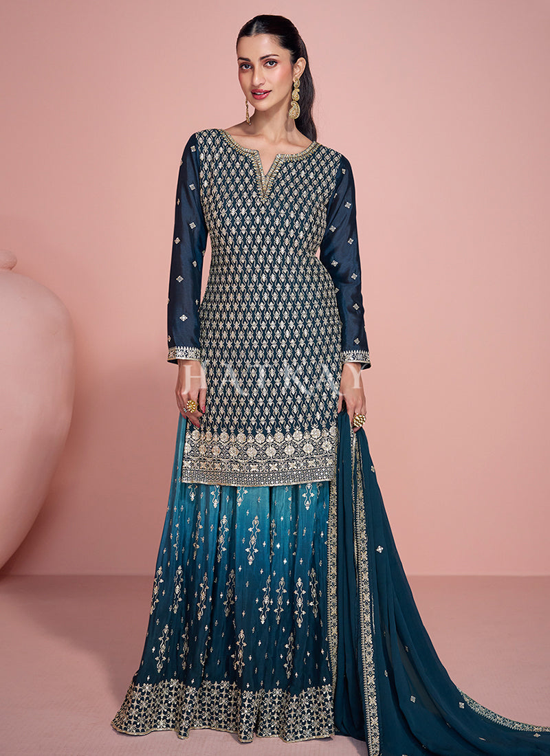 Turquoise Ombré Embroidered Sharara Suit