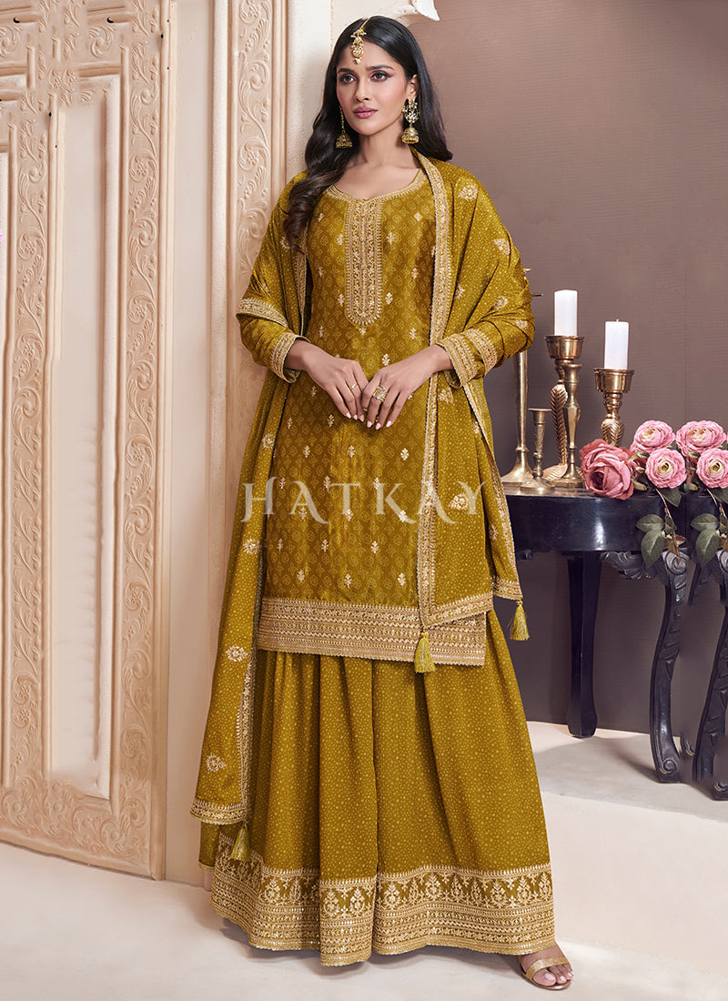 Mustard Yellow Embroidered Sharara Suit