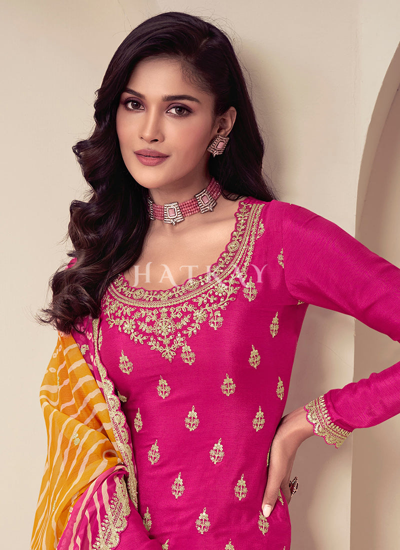 Rani Pink Reshamkari Embroidery Sharara Suit