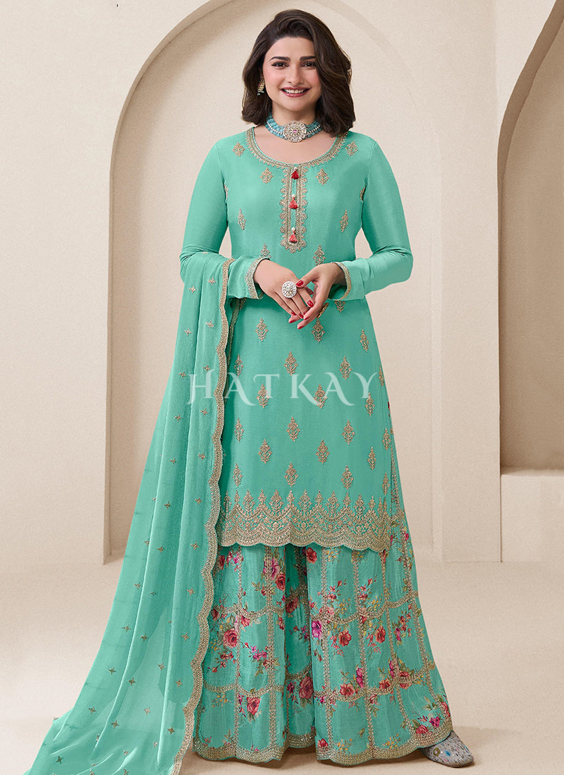 Aqua Blue Multi Embroidery Sharara Suit