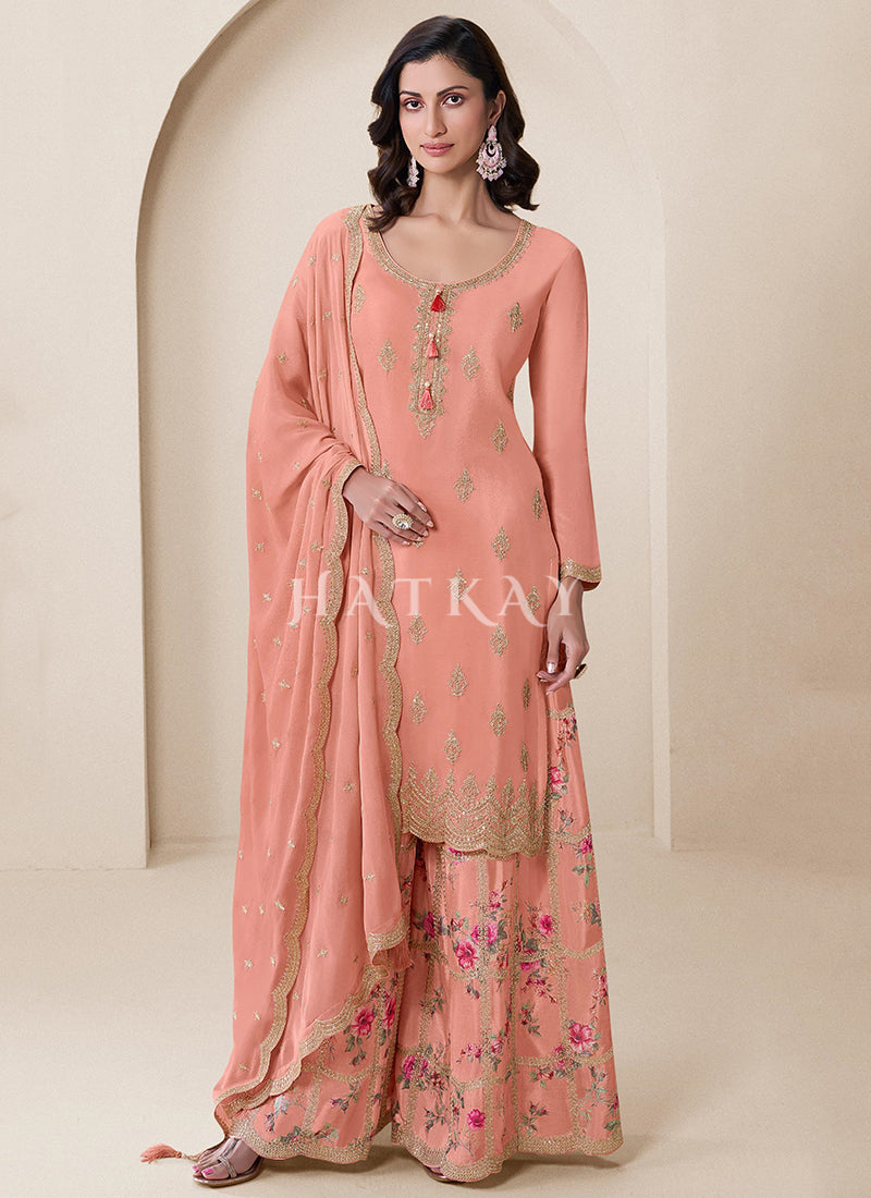 Peach Multi Embroidery Sharara Suit