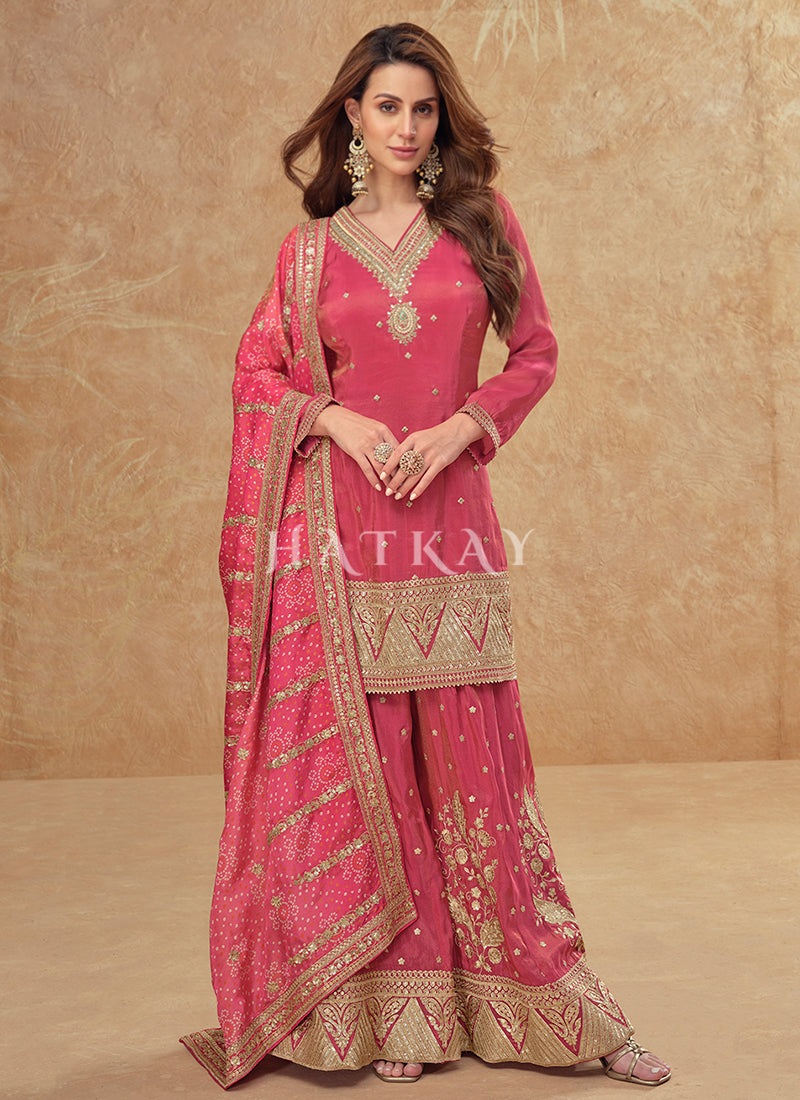 Rich Pink Embroidery Sharara Suit