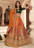 Orange And Green Embroidery Wedding Lehenga Choli With Belt