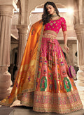 Pink And Orange Embroidery Wedding Lehenga Choli With Belt