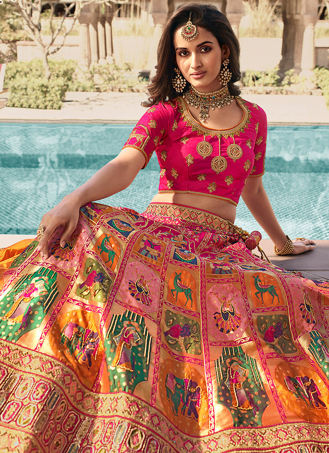 Silk Embroidered Designer Lehenga Choli in Orange and Pink -