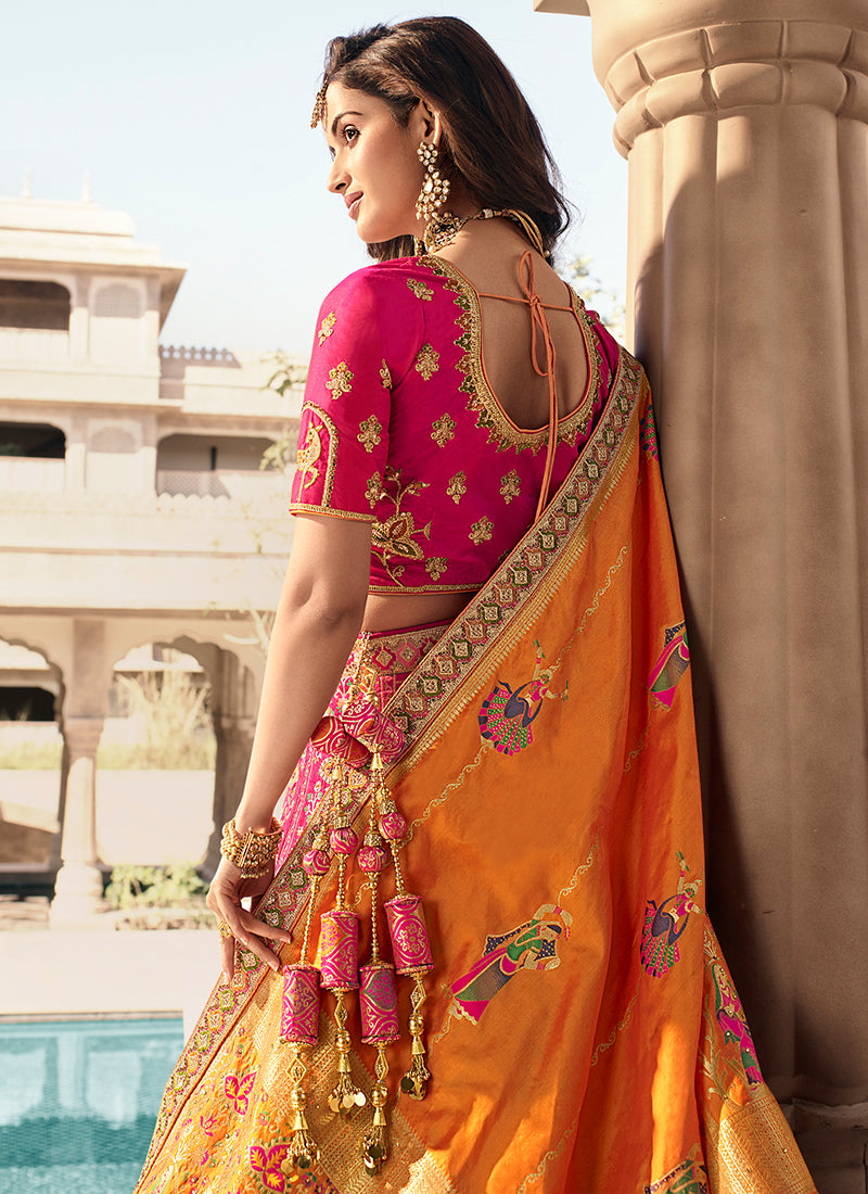 Embroidered Satin Lehenga in Maroon and Pink - Rsm Silks Online