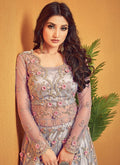 Silver Grey Floral Embroidered Designer Anarkali Lehenga Suit