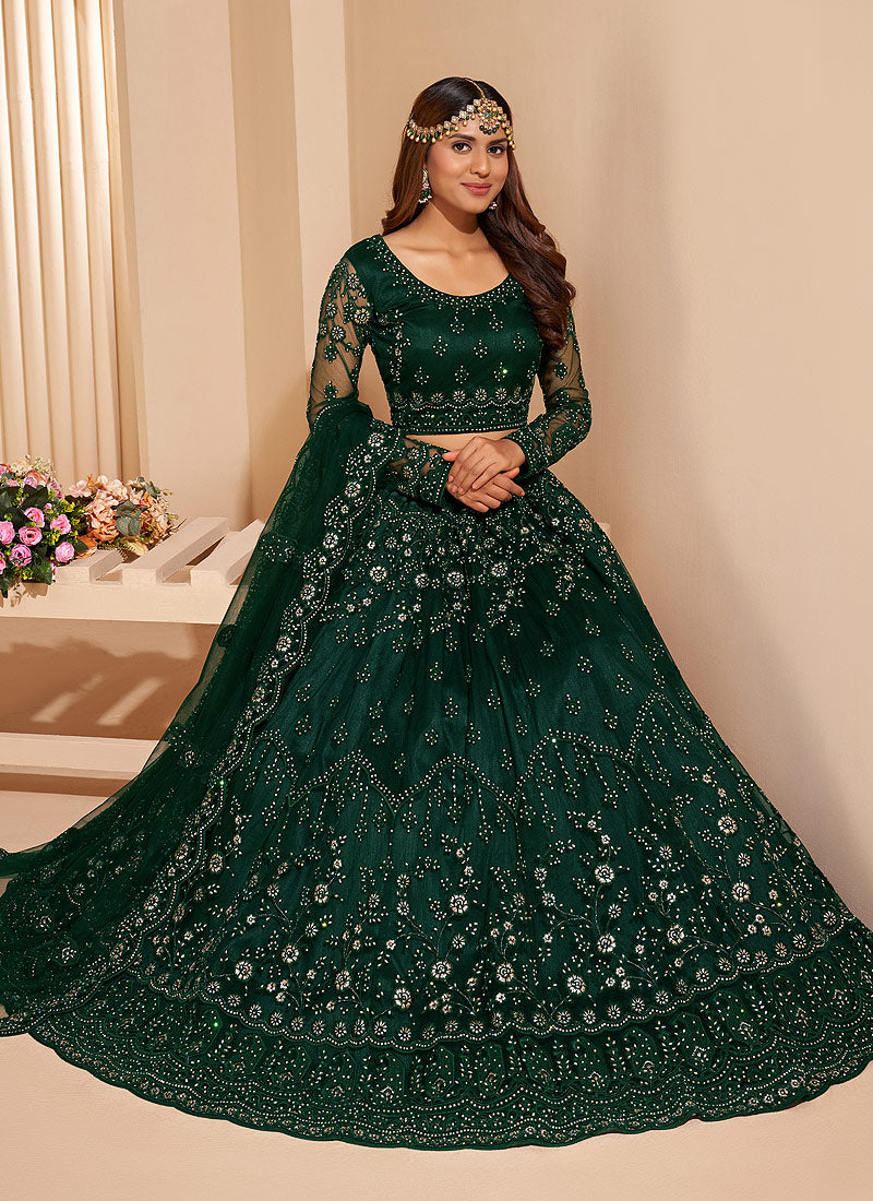 Dark Green Zari Embroidered Wedding Lehenga Choli