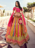 Pink And Yellow Multi Traditional Embroidered Wedding Lehenga Choli