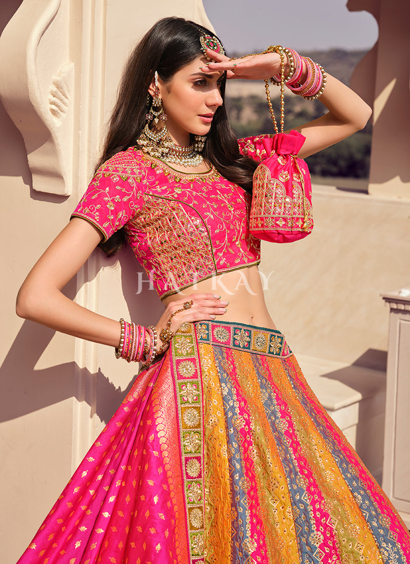 Red & Orange Bandhani Printed Chinon Silk Lehenga Choli with Embroider –  Ethnos