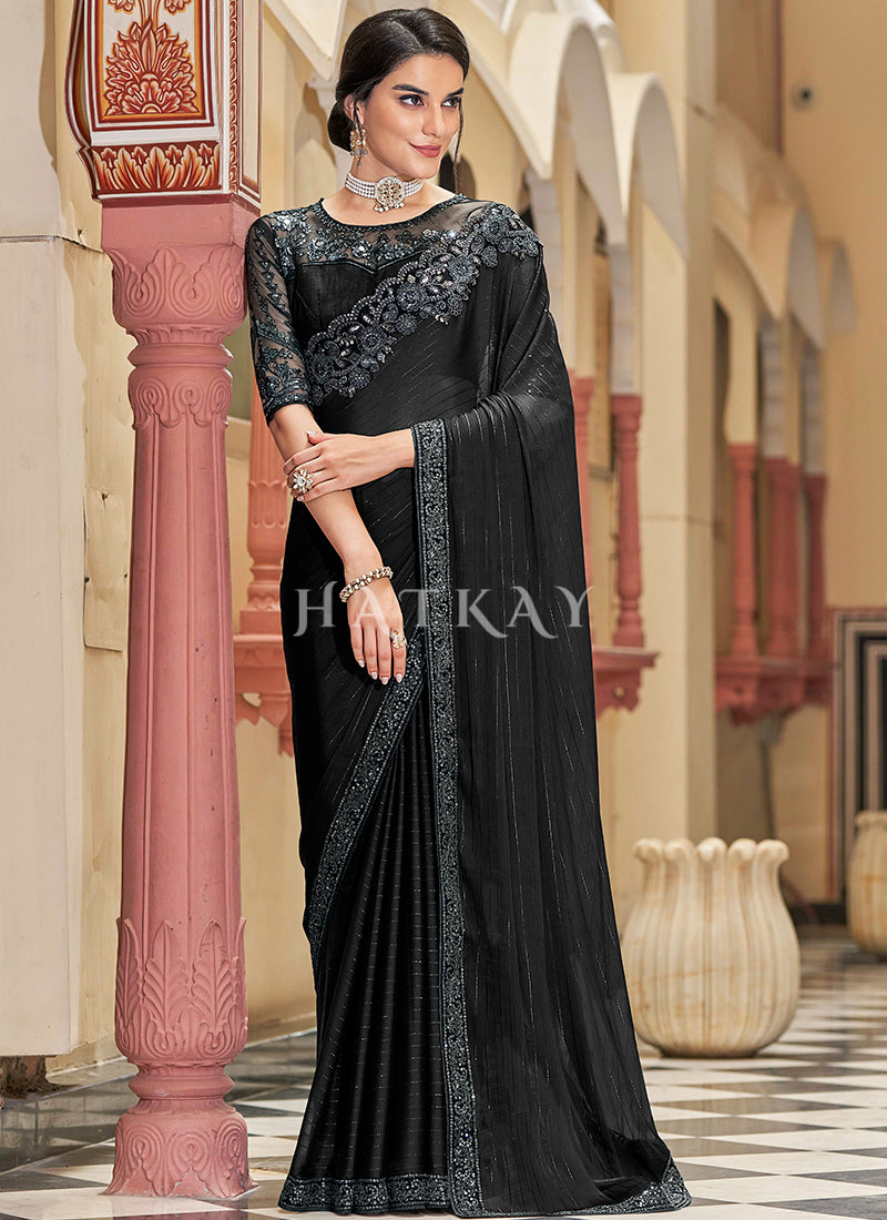 Black Sequence Embroidery Designer Silk Saree