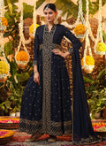 Navy Blue Crystal Embroidered Slit Style Palazzo Suit