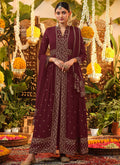 Deep Mauve Georgette Embroidered Slit Style Palazzo Suit