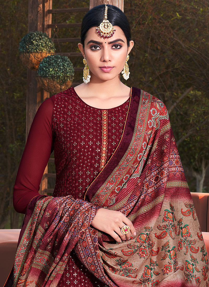 Buy Salwar Kameez - Deep Red Sequence Embroidered Salwar Suit