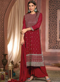 Red Sequence Embroidery Festive Palazzo Style Suit