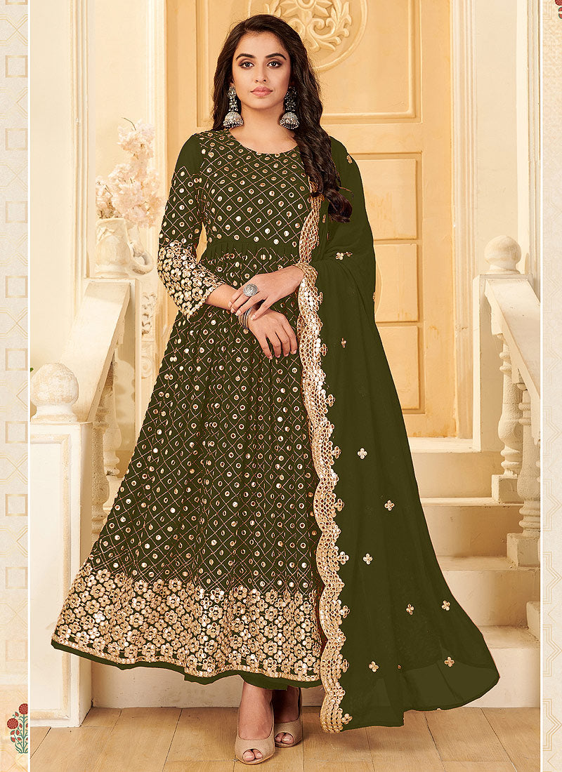 Olive Green Embroidered Party Wear Anarkali Gown – Hatkay.com  Olive green  lace dress, Long sleeve dress formal, Lace formal dress