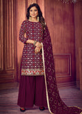 Wine Mirror Embroidered Palazzo Suit