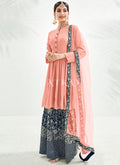 Peach And Blue Embroidery Traditional Gharara Suit