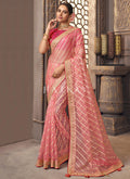 Peach And Red Zari Embroidery Organza Silk Saree