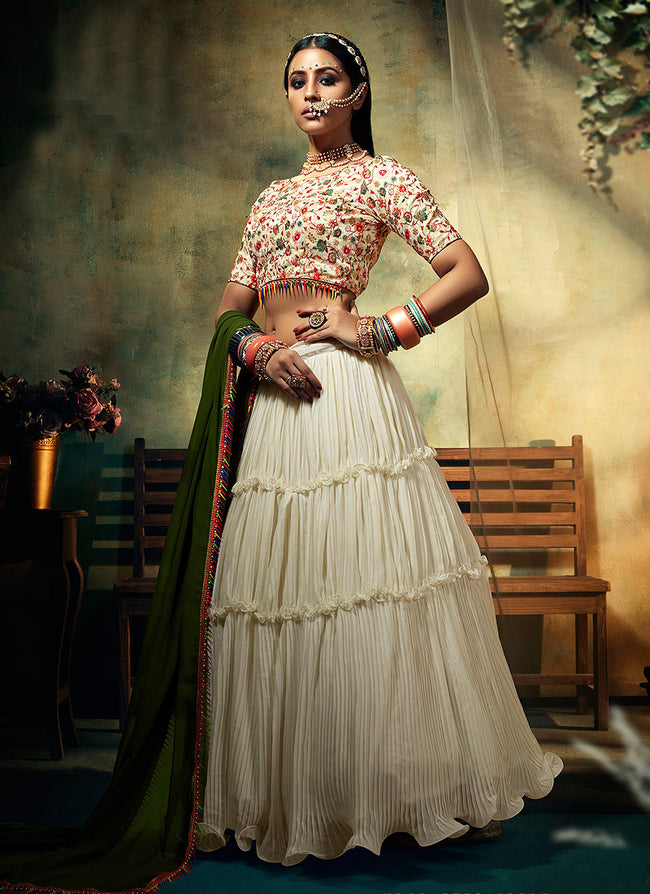 Sequins Embroidered Georgette Lehenga Choli in Off-White - Ucchal Fashion