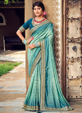 Turquoise Digital Prints And Soraski Work Silk Saree