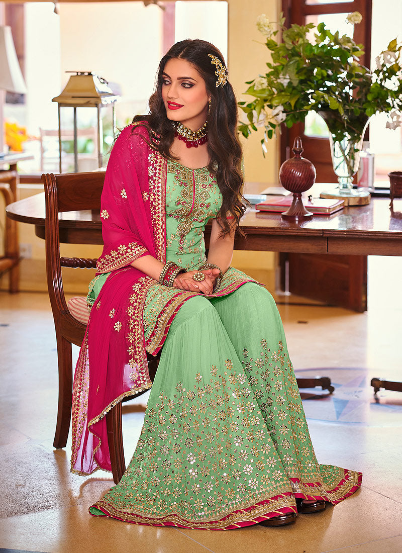 Buy Green And Pink Golden Embroidered Wedding Sharara Suit In USA