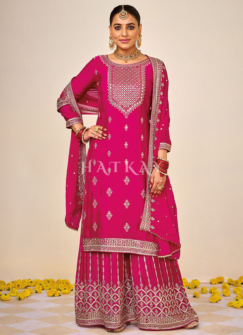 Buy Gharara In California | Hot Pink Embroidered Traditional Gharara Suit
