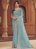 Turquoise Two Tone Traditional Embroidery Organza Silk Saree