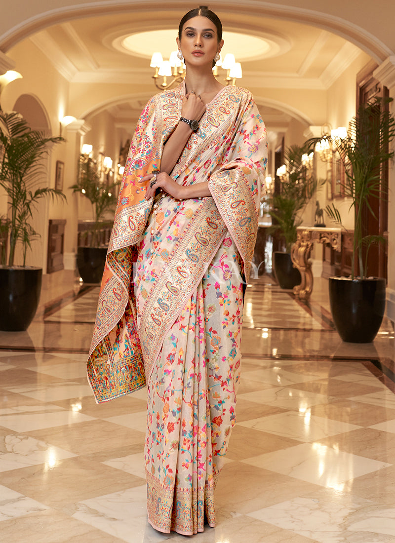 Off White Kashmiri Weaved Silk Saree