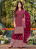 Magenta Pink Designer Embroidery Festive Palazzo Suit